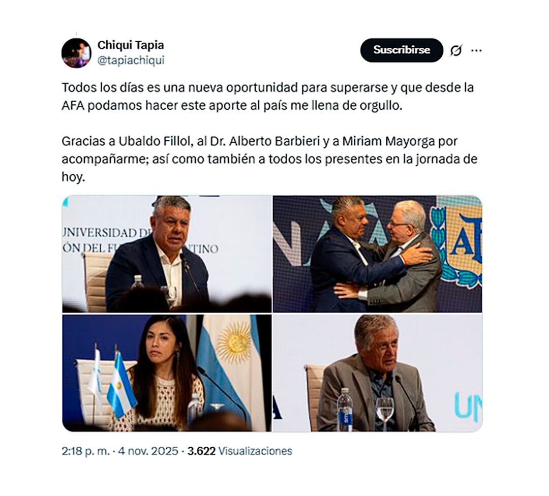 El presidente de la AFA ilustró sus publicaciones con imágenes junto a Barbieri, Miriam Mayorga y Ubaldo Pato Fillol