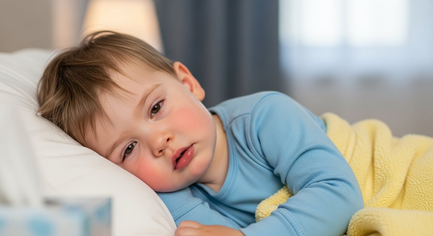 Un bebé o niño pequeño con síntomas de enfermedad, como cansancio y un gesto de dolor, descansa en una almohada con una manta amarilla en un ambiente doméstico. (Imagen Ilustrativa Infobae)