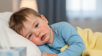 Un niño pequeño con mejillas sonrojadas y cabello castaño claro yace sobre una almohada blanca, parcialmente cubierto por una manta amarilla.