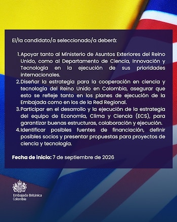 El puesto de Head of Science & Technology Network debe diseñar estrategias de cooperación científica y tecnológica entre el Reino Unido y Colombia - crédito Embajada Británica en Colombia