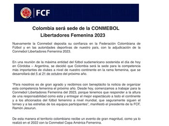 Comunicado de la Federación Colombiana