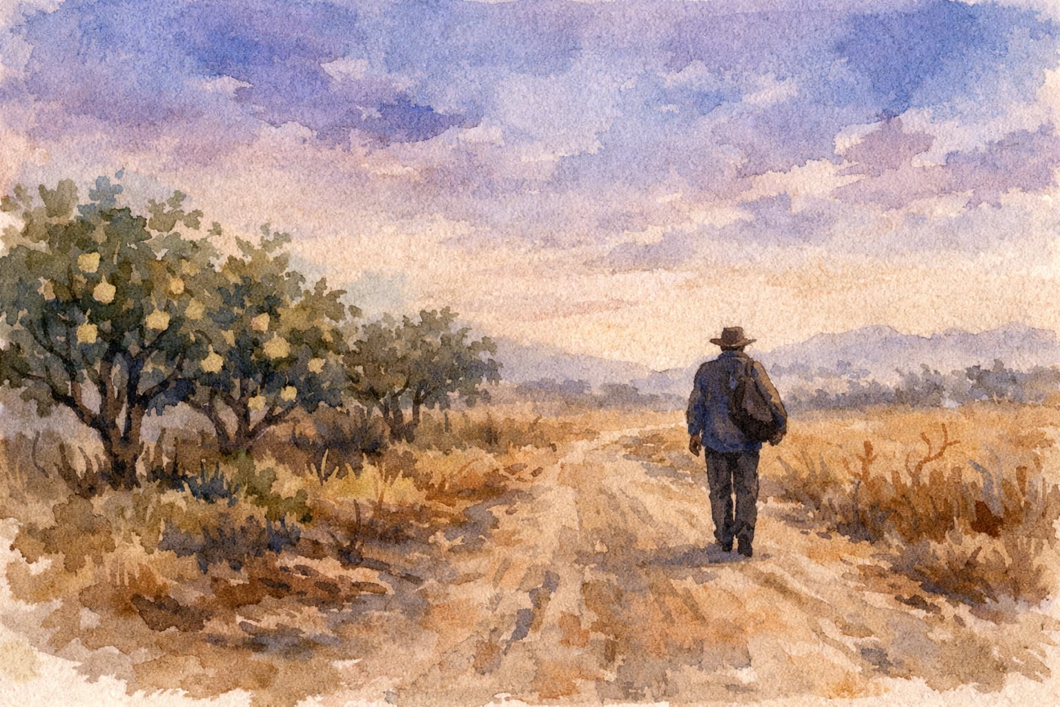 La ilustración en acuarela muestra a un hombre con sombrero y mochila caminando por un camino rural de tierra, flanqueado por árboles frutales y vegetación seca de Guanacaste, bajo la luz del amanecer. (Imagen Ilustrativa Infobae)