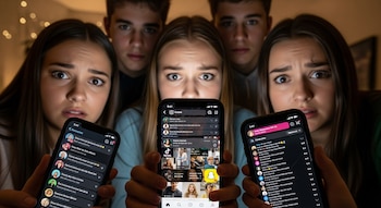 Cinco adolescentes, três meninas e dois meninos, olham para seus celulares com expressões nervosas e olhos arregalados em um quarto escuro, com uma tela mostrando uma rede social.