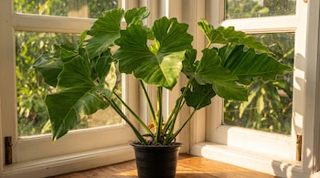 Planta de filodendro arbóreo de grandes hojas verdes en maceta negra sobre suelo de madera, junto a una ventana con marcos blancos, recibiendo luz solar intensa.