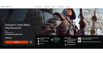 Captura de pantalla de la PlayStation Store mostrando el videojuego Assassin's Creed Black Flag Resynced con Edward Kenway, un pirata con pistola, y un barco de vela al fondo