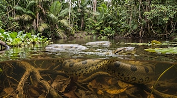 Una gran anaconda de piel moteada emerge parcialmente del agua en un río rodeado por plantas acuáticas y vegetación selvática.