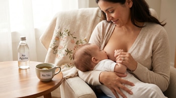 Una madre amamanta a su bebé en un sillón. A su izquierda, una mesa con una botella de agua etiquetada "No Agüita" y una taza de té "No Tés".