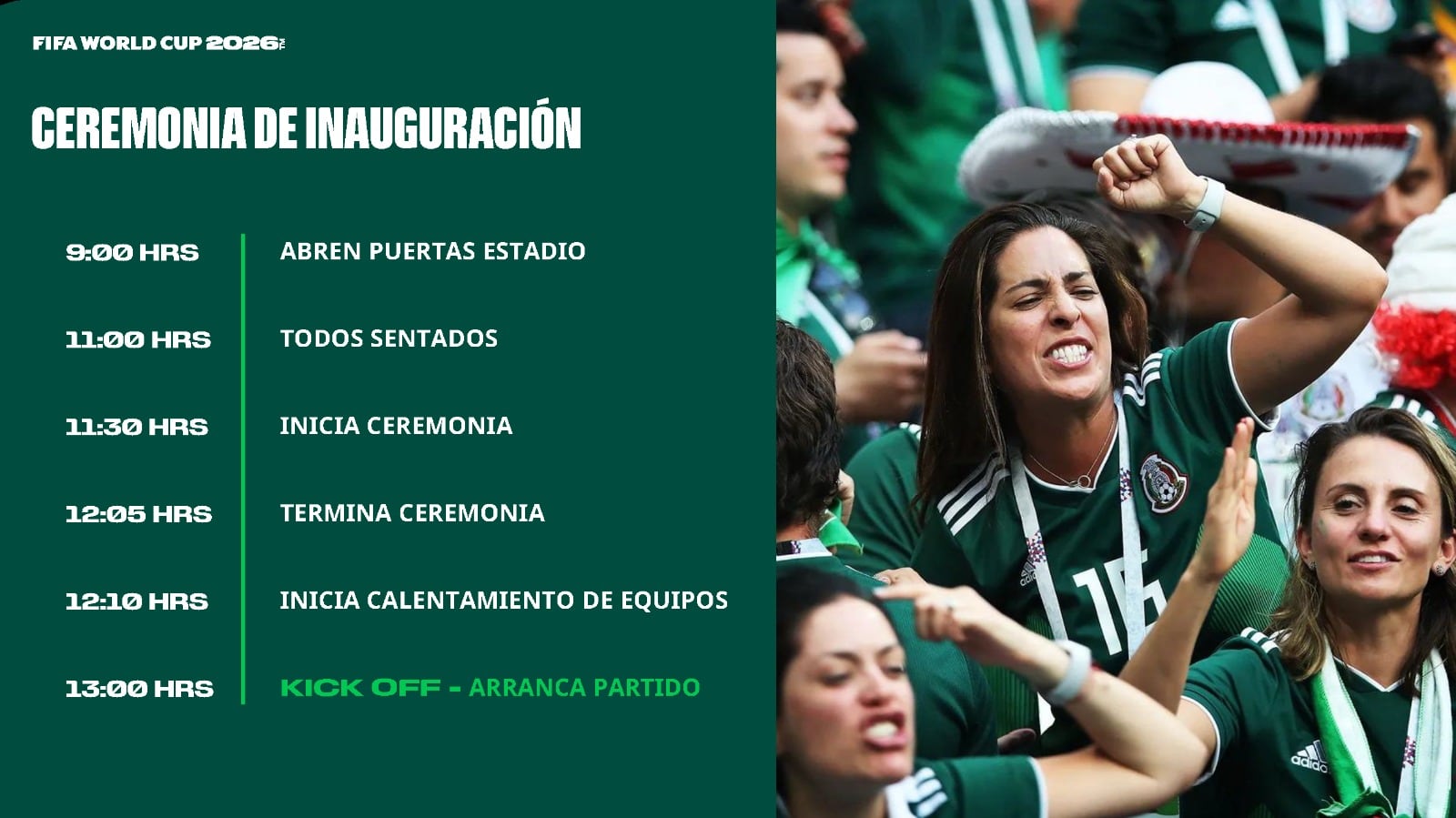 Aficionados mexicanos celebran la revelación del itinerario detallado de la Ceremonia de Inauguración de la Copa Mundial FIFA 2026, incluyendo horarios de apertura y patada inicial del partido. (Jefatura Gobierno CDMX FIFA)