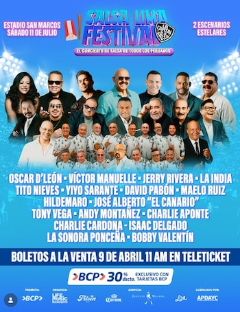 Póster del Salsa Lima Festival con el título, fecha, lugar y fotos de más de veinte artistas de salsa, incluyendo a Oscar D'León y La India