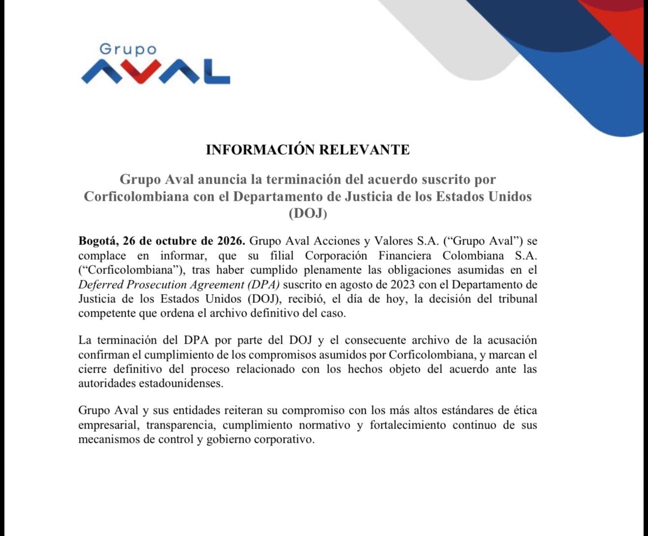 Grupo Aval informó que Corficolombiana cumplió las obligaciones pactadas con el Departamento de Justicia de Estados Unidos. - crédito Grupo Aval