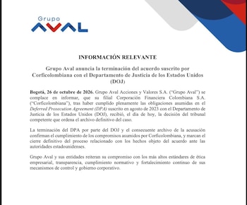 Grupo Aval informó que Corficolombiana cumplió las obligaciones pactadas con el Departamento de Justicia de Estados Unidos. - crédito Grupo Aval