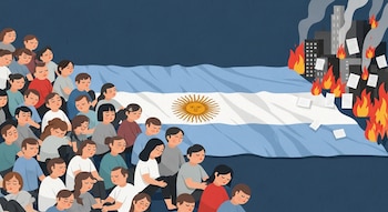 Ilustración de personas durmiendo sobre una bandera argentina, con edificios en llamas y papeles volando a la derecha, todo sobre un fondo azul oscuro.