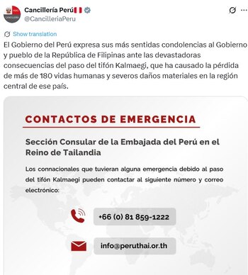 Perú expresa sus condolencias a