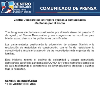 Centro Democrático apoyará con insumos tecnológicos y de construcción