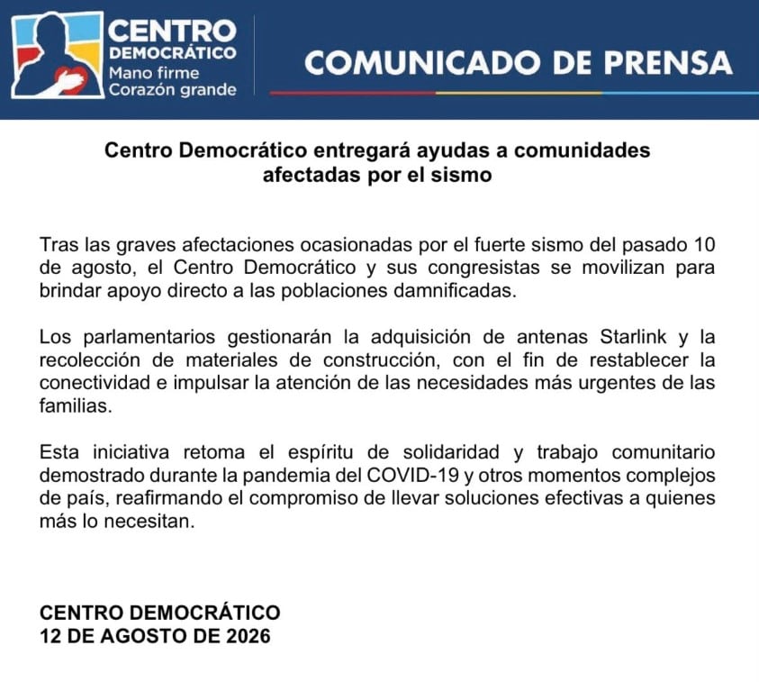 Con este comunicado, el Centro Democrático confirmó que apoyará con insumos tecnológicos y de construcción a las poblaciones necesitadas - crédito @cedemocratico/X