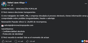 Rafael López Aliaga acusa un supuesto fraude, pero no tiene pruebas: anuncia que pagará S/ 20.000 a quien las tenga. (Foto: Rafael López Aliaga)