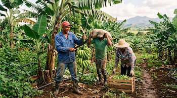 Tres agricultores trabajan entre plantas de plátano con un machete, un saco al hombro y una caja de madera llena de frutos.
