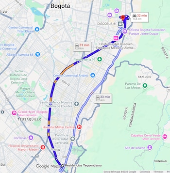 Imagen de referencia. El reporte de Policía Judicial cruzó coordenadas geográficas y registros de antenas de telefonía celular para seguir los movimientos de los vehículos KGF361 y OBG165 asignados a Sandra Ortiz - crédito Google Maps