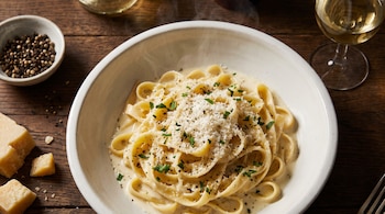 Plato de fettuccine alfredo sobre mesa de madera con trozos de queso parmesano, pimienta negra y una copa de vino blanco.