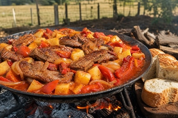 Un disco de arado de metal contiene trozos de carne, papas, cebollas y pimientos rojos sobre fuego, junto a rebanadas de pan.
