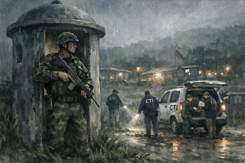 Acuarela de un soldado en una garita militar nocturna bajo la lluvia, mientras agentes del CTI examinan un vehículo en una zona rural montañosa.