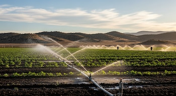 Un extenso campo de cultivos verdes es regado por múltiples aspersores en un paisaje de colinas áridas bajo un cielo parcialmente nublado, con dos personas en la distancia.