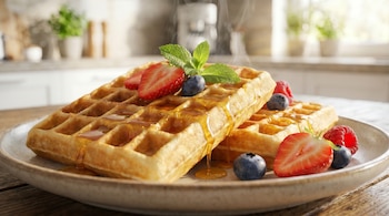 Primer plano de dos wafles dorados humeantes con miel, fresas, arándanos, frambuesas y hojas de menta en un plato sobre una mesa de madera. Fondo borroso de cocina.