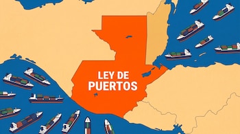 Mapa de Centroamérica con Guatemala resaltada en naranja y el texto 'Ley de Puertos'. Alrededor, múltiples barcos de carga con contenedores en el mar azul.