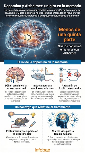 Infografía científica sobre la relación entre dopamina y Alzheimer. Muestra un cerebro, la molécula de dopamina, gráficos, un ratón de laboratorio y neuronas.