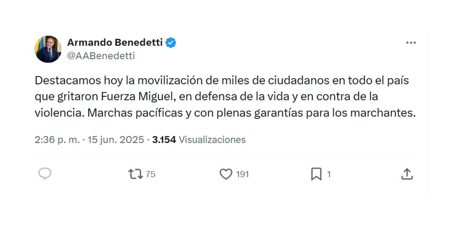 Con esta publicación, el ministro del Interior, Armando Benedetti, dio su concepto sobre la Marcha del Silencio en la capital de la República - crédito @AABenedetti/X
