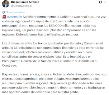 Diego García aseguró que continuará defendiendo la inversión para Casanare y buscará alternativas para que los recursos destinados al departamento puedan concretarse. - crédito @DiegoGarcia_al/X