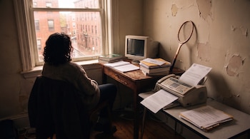 Persona de espaldas mirando por la ventana junto a un escritorio con un monitor antiguo, libros, un fax, documentos y una raqueta.