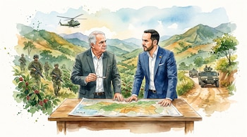 Dos hombres observan un mapa del Huila. Al fondo, militares con rifles, un helicóptero y vehículos tácticos avanzan en un paisaje montañoso.