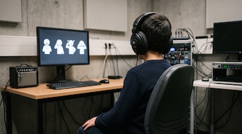 Niño de espaldas con auriculares sentado frente a una pantalla con cuatro pictogramas de emociones sobre un escritorio.