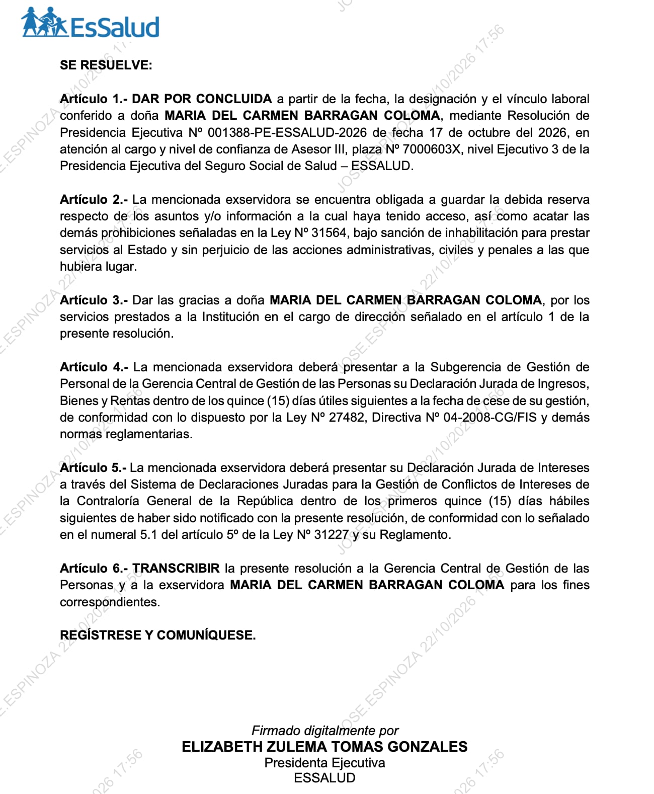 Una resolución de la Presidencia Ejecutiva de EsSalud formaliza el cese de funciones de María del Carmen Barragán Coloma en el Seguro Social de Salud en Perú.