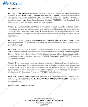 Documento oficial con el logotipo de EsSalud y seis artículos numerados que finalizan con la firma digital de Elizabeth Zulema Tomás Gonzales