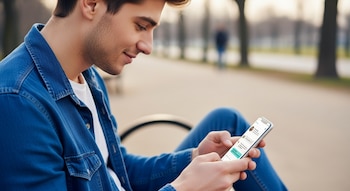 Joven de camisa vaquera azul y camiseta blanca sostiene un teléfono celular que muestra una conversación de chat, sentado en un entorno exterior.
