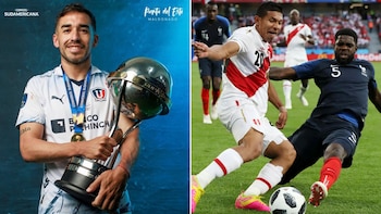 Lisandro Alzugaray con el trofeo de campeón de la Copa Sudamericana 2023 que logró con LDU de Quito, y Edison Flores con Perú en el Mundial de Rusia 2018.