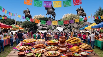 Mesa de madera con tacos, elotes, tamales y salsas frente a puestos al aire libre con personas, guirnaldas de papel picado y estatuas.