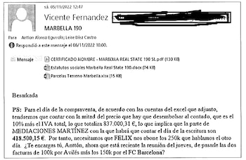 El correo que Vicente Fernández envió a Antxón Alonso y Leire Díez en el que habla de facturas relacionadas con el FC Barcelona