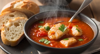 Un tazón oscuro con sopa roja humeante que contiene trozos grandes de pescado blanco y hojas de perejil, junto a varias rebanadas de pan blanco.