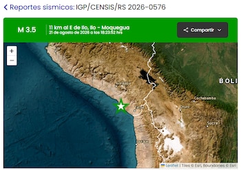 Mapa satelital de América del Sur con una estrella verde que marca el epicentro de un sismo y un cuadro informativo verde en la parte superior