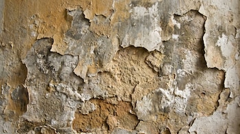 Primer plano de una pared deteriorada con capas de pintura descamada, revoque abombado y áreas de textura arenosa expuesta en tonos beige, gris y blanco.