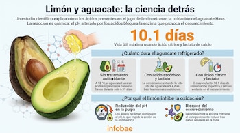 Infografía con dos mitades de aguacate y una mano exprimiendo un limón. Incluye gráficos de fórmulas químicas y datos sobre conservación de aguacate refrigerado.
