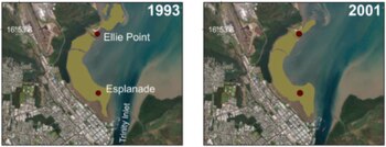 Dos imágenes satelitales comparativas etiquetadas en 1993 y 2001 con zonas verdes y marcas rojas en Ellie Point y Esplanade en Trinity Inlet