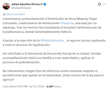 Autoridades locales reiteran su compromiso de acelerar el proceso judicial contra el presunto agresor - crédito Julián Sánchez Perico / Alcalde de Soacha