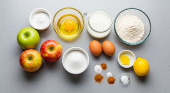Ingredientes de repostería en mesada gris: 3 manzanas (verde y rojas), 2 huevos, yema, azúcar (granulada y glas), harina, leche, aceite, limón, canela y sal.