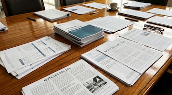 Pilas de documentos impresos en español, incluyendo un Informe Anual 2023 y Noticias del Día, sobre una mesa de madera. Se ven bolígrafos, gafas y una taza de café.