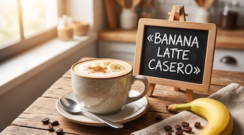 Una taza de café con rodajas de plátano, una cuchara, granos de café y un cartel pequeño con las palabras BANANA LATTE CASERO.