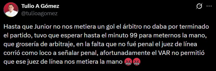 El máximo accionista del América publicó un mensaje cuestionando el manejo arbitral del compromiso. - crédito @tulioagomez/X